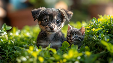 Cute little kitten and chihuahua puppy in the gardenの写真素材
