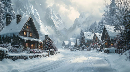 Fantastic winter landscape with snowy village and mountains in the backgroundの写真素材