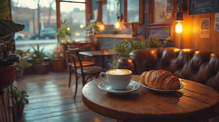 Coffee cup and croissant on table in coffee shopの写真素材