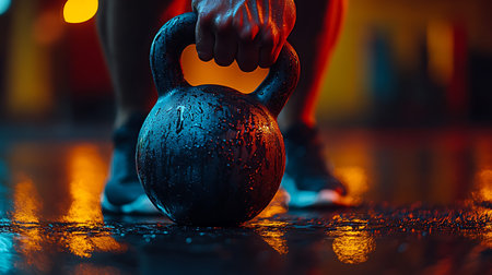 Close up of kettlebell in hand of sportsman on dark backgroundの写真素材