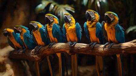 Colorful macaw parrots sitting on the branch in the zooの写真素材