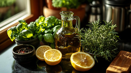 Fresh basil, lemon and olive oil in a glass jar on a black backgroundの写真素材