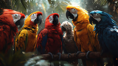 beautiful Scarlet macaws sitting on a branch in the rainforestの写真素材