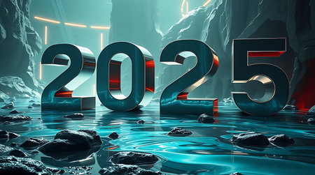 New Year 2015 in the dark cave. 3d rendering, 3d illustration.の写真素材