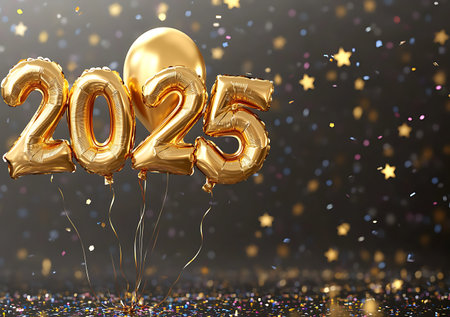 Happy New Year 2015 gold foil balloon numbers and stars confetti. 3D Renderの写真素材