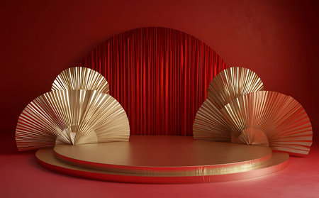 3d render of red podium with gold paper fan on red backgroundの素材