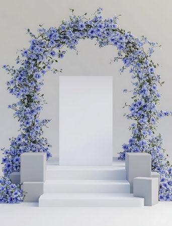 3d render of minimal scene with white podium and blue flowers.の素材