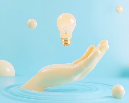 Lightbulb in hand on blue background. 3D rendering.の写真素材