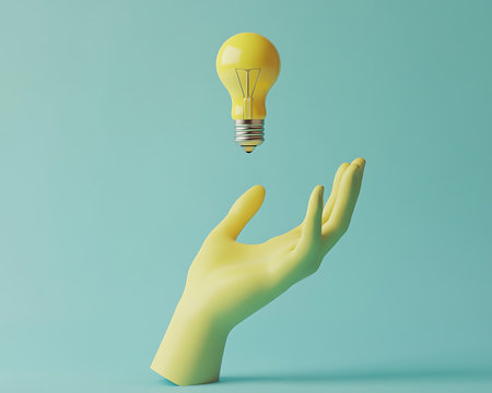 Yellow lightbulb in human hand on blue background. 3d renderingの写真素材