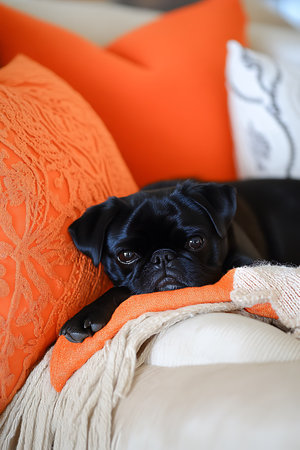 Adorable black pug lying on sofa with orange pillow at homeの写真素材