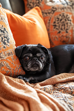 Black pug dog lying on the couch with orange pillows.の写真素材