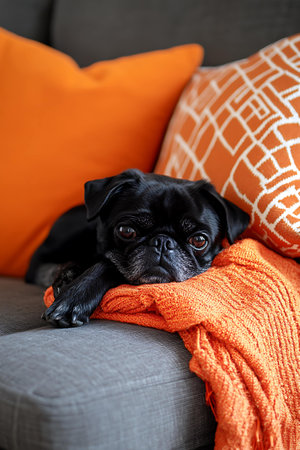 Cute black pug lying on sofa with orange pillow and orange blanketの写真素材