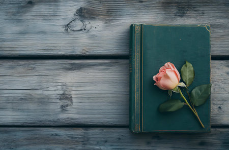 Vintage book and rose on wooden background. Top view with copy spaceの写真素材
