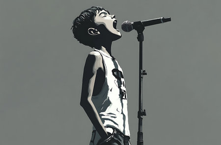 Karaoke. Black and white photo of a young man singing into a microphone.の素材