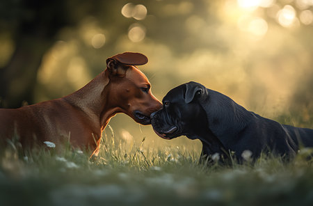 Two Rhodesian Ridgeback dogs playing in the park at sunset.の素材