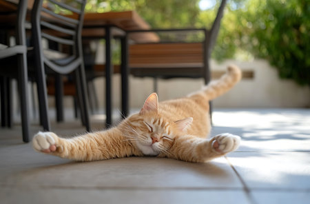 Cute ginger cat lying on the floor in the garden and relaxing.の素材