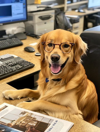 Cute Golden Retriever with eyeglasses in an officeの写真素材