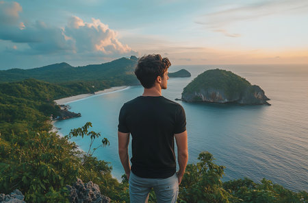 Young man standing on the top of the mountain and enjoying the view of the sea.の写真素材