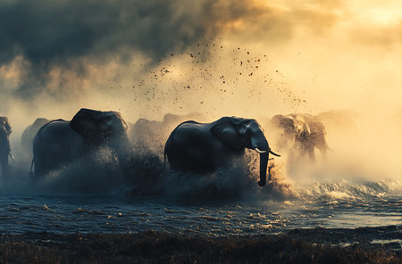 Elephants splashing water at sunset, Chiang Mai, Thailandの写真素材
