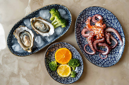 Octopus and oysters in blue plates with lemon and parsleyの写真素材