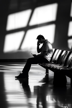 Silhouette of a young man sitting on a bench in an airportの写真素材