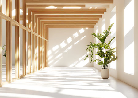 Minimalistic interior design with wooden beams and plants. 3D Renderingの写真素材