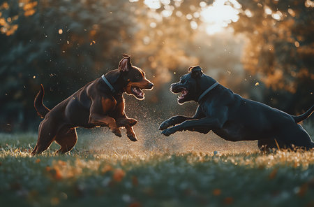 Two dogs playing in the autumn park. Doberman pinscher and pitbullの素材