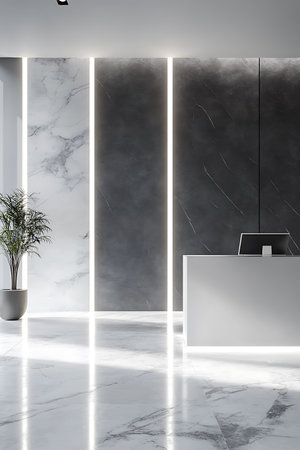 Corner of modern office with black and white marble walls, concrete floor, white reception desk and plant. 3d renderingの写真素材