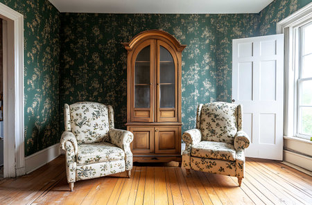 Luxury classic interior of room with armchair and wooden cabinetの写真素材