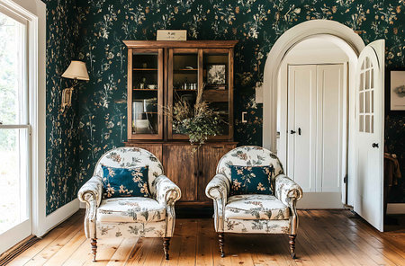 Interior of a beautiful living room with vintage furniture and antique furnitureの写真素材