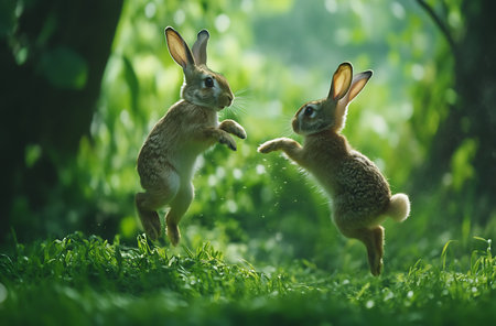 Rabbits are playing in the green grass in the forest.の写真素材