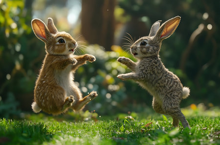 Cute little rabbits playing on the green grass in the garden.の写真素材