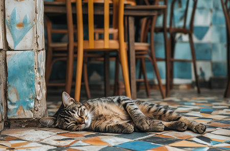 Cute tabby cat lying on the floor in the cafe.の写真素材