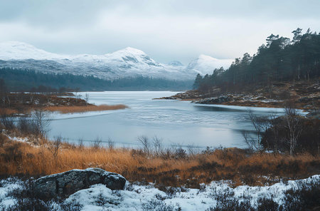 Beautiful winter landscape with frozen lake and snow covered mountains in Scotlandの写真素材