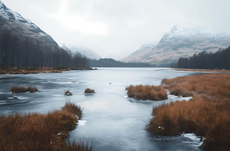 Beautiful landscape image of Glencoe lake in Scotland during winter with snow covered mountainsの写真素材