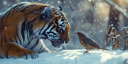 Tiger and bird in winter forest. Wildlife scene from nature.の写真素材