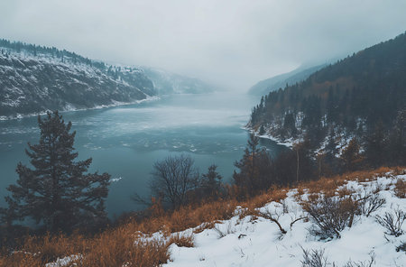 Foggy winter landscape with a frozen lake in the mountains.の写真素材