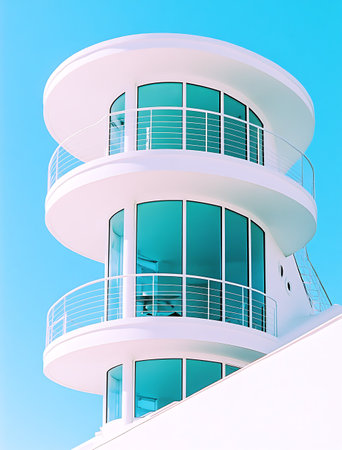 Modern luxury white house on a sunny day with a blue sky.の写真素材