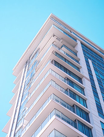 Abstract fragment of contemporary architecture. Residential modern building with facade of glassの写真素材