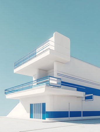 3d render of modern house with blue and white walls and balconyの写真素材
