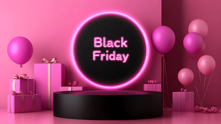 Black Friday Sale Poster with Realistic Balloons, Gift Boxes, Present Boxes and Black Frame on Pink Background. 3d Renderingの写真素材