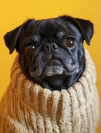Black Pug in a warm knitted sweater on a yellow background. Close-up.の写真素材
