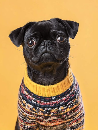 Cute pug dog wearing a warm sweater on a yellow backgroundの写真素材
