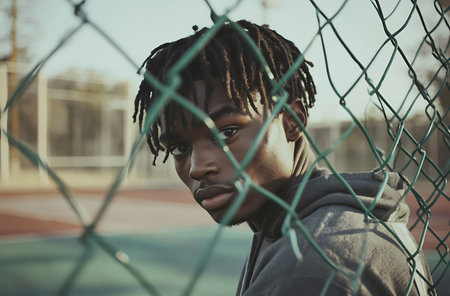 Portrait of young african american man in sportswear looking at camera.の写真素材