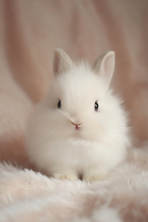 White rabbit on a soft fur background. Cute little bunny.の写真素材