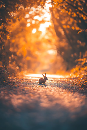 Rabbit on the road in the forest at sunset. Animal in the nature.の写真素材