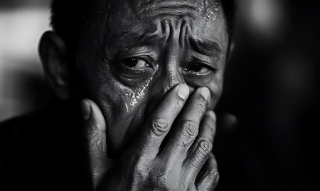 Portrait of sad senior man with vitiligo, black and whiteの写真素材