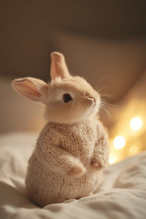 Cute little rabbit in knitted sweater on bed, closeupの写真素材