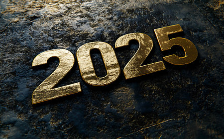 2025 golden text on dark textured grunge background. Happy New Yearの写真素材