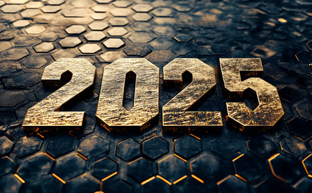 Happy new year 2015 in gold color on the hexagon background.の写真素材